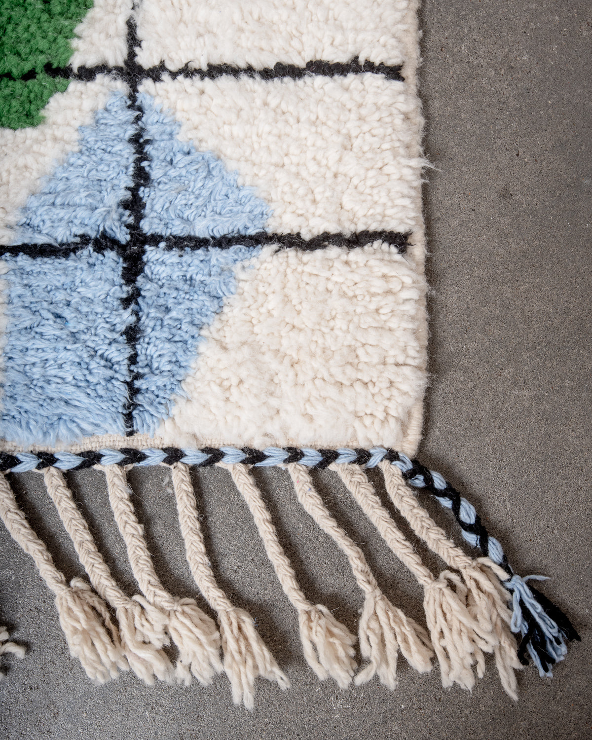 Modern, designer, handcrafted Berber rug from Morocco. Beniourain carpet with beautiful colours and patterns and fluffy wool texture.
